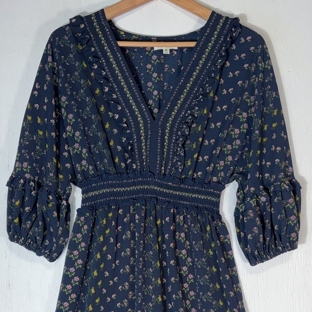 Max Studio Cottage Floral Navy Dress Womens M Tiered Ruffle Feminine